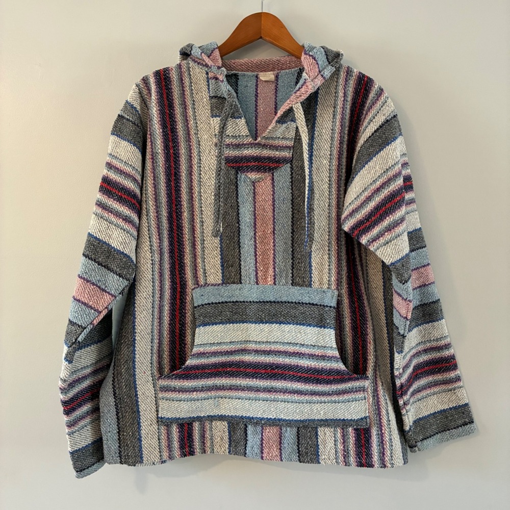 Molina Baja Hoodie Blue Pink Striped Woven Mexican Pullover Boho Festival
